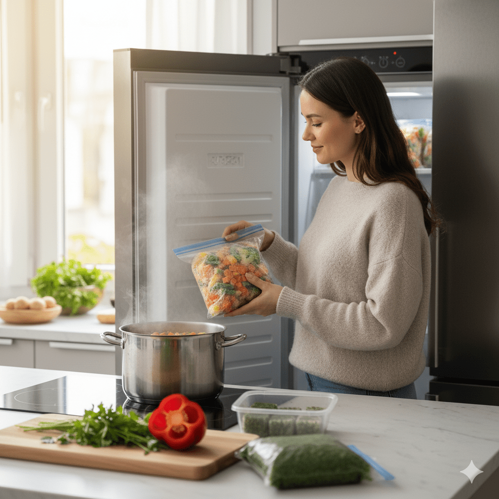 женщина достает замороженные овощи