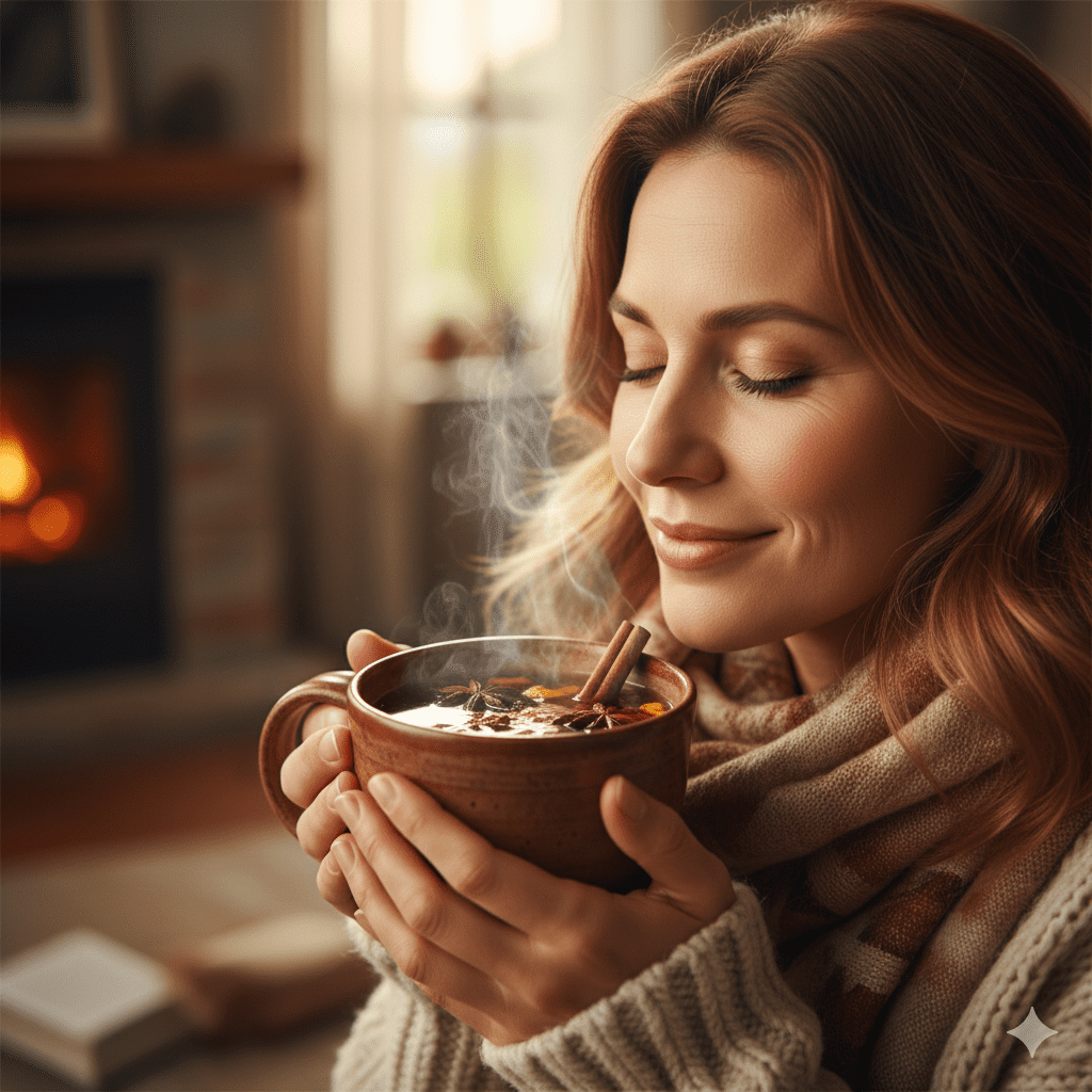 женщина в теплом свитере пьет чай со специями и наслаждается ароматом