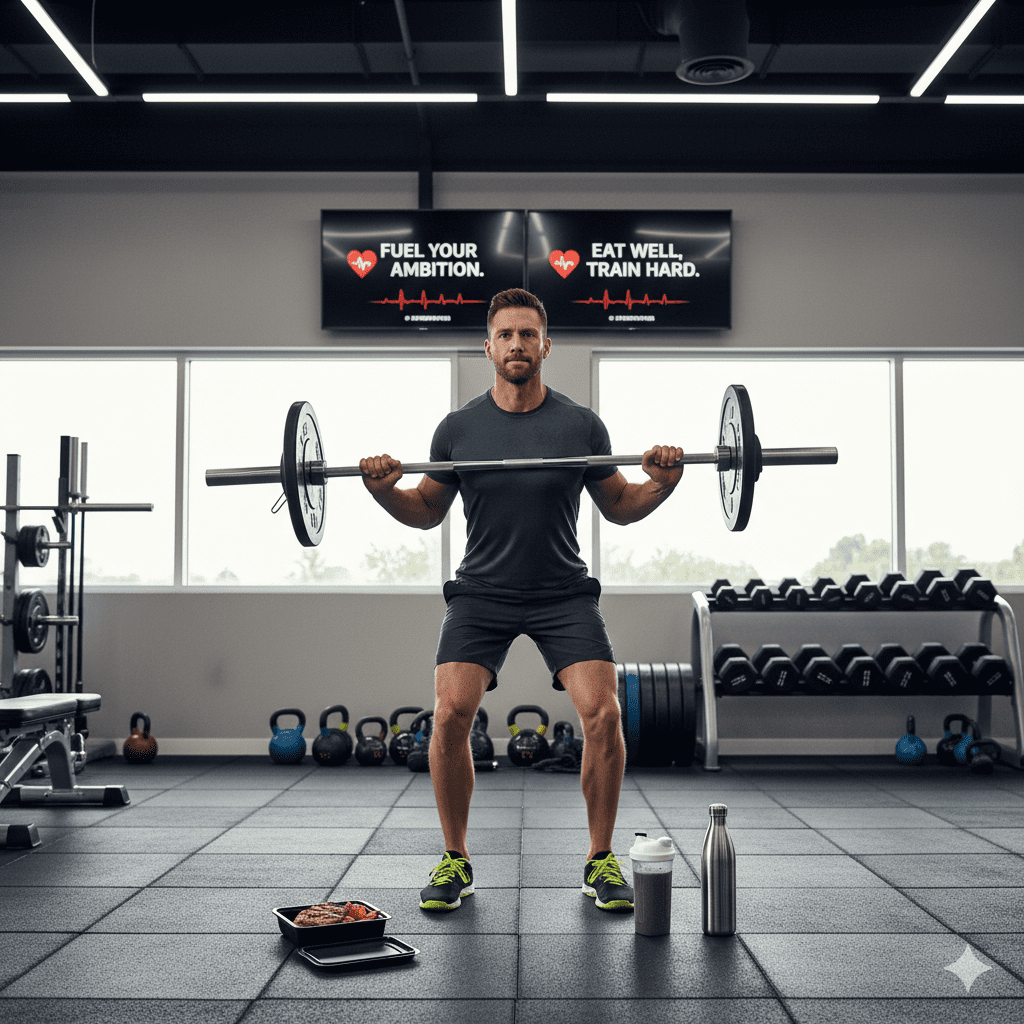 мужчина в спортзале поднимает штангу