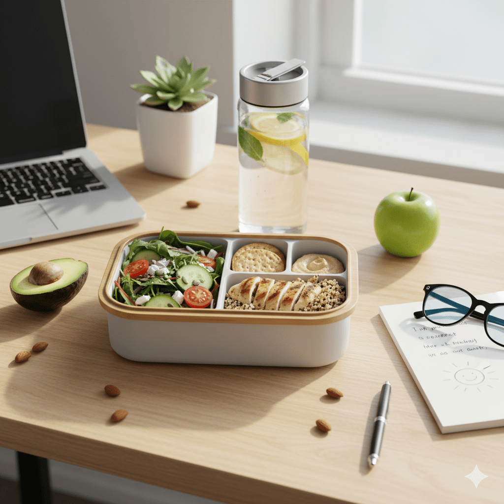 полезный обед и яблоко на рабочем столе