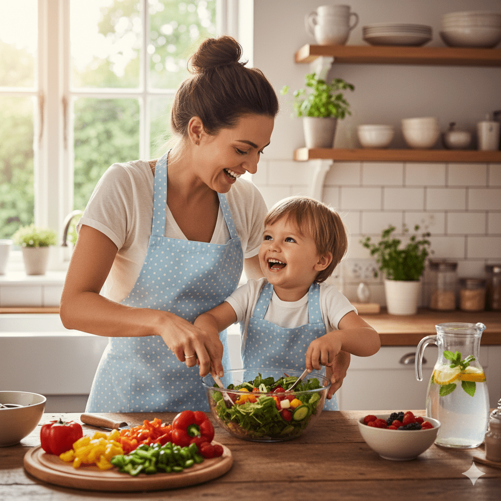 мама с ребенком готовят салат из свежих овощей